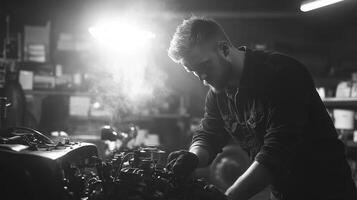 Motorcycle Mechanic Repairing Engine in Dark Garage Workshop photo