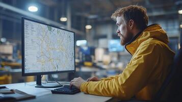 Logistics Manager Reviews Delivery Route Map on Computer Screen photo