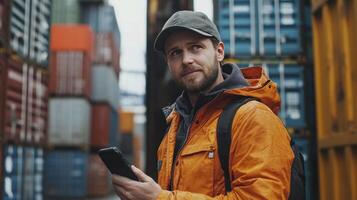 A man in an orange jacket and cap uses his smartphone amidst a backdrop of stacked cargo containers at a busy port photo