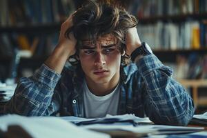 Stressed Student Studying in Library, Overwhelmed by Books photo