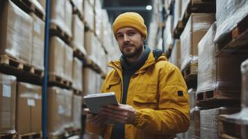 Warehouse Inventory Management Worker Using Tablet in Storage Facility photo