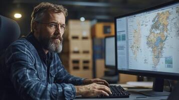 Focused Man Analyzing Global Data on Computer Screens photo