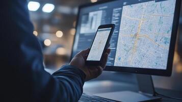 Person using mobile app and desktop map for navigation photo