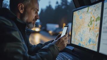 Man Navigating with Smartphone and Large Map Display Screen photo