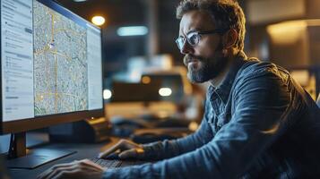 Focused Dispatcher Navigating Nighttime Urban Logistics Mapping System photo