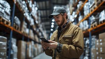 Warehouse Worker Using Smartphone for Inventory Management and Logistics photo