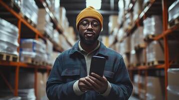 Warehouse Worker Inventory Management Mobile Technology Efficiency photo