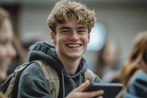 A smiling young man with a backpack holds a tablet, surrounded by blurred classmates photo