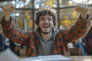 A young man with curly hair sits at a table, arms raised in joyful celebration photo