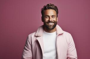 A happy, attractive man with a beard and stylish hairstyle smiles at the camera photo