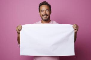 A smiling man holds a large blank white sign against a pink background photo