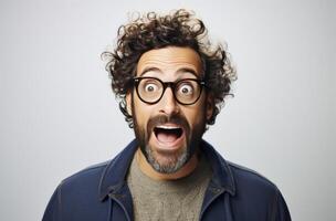 Closeup portrait of a surprised man with curly brown hair and glasses. His mouth is wide open in shock or amazement photo