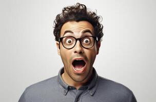 Closeup portrait of a surprised man with curly hair and glasses The background is plain grey. photo