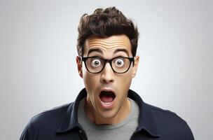 Closeup portrait of a young man with glasses, displaying a shocked expression photo