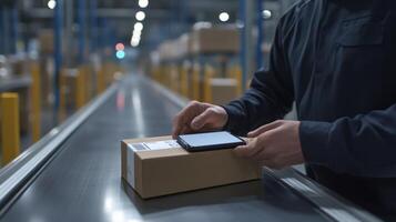 Warehouse Worker Scanning Package on Conveyor Belt with Smartphone photo