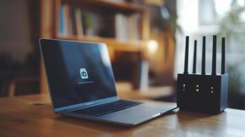 Home Network Security Laptop, Router, Wireless Internet Connection photo