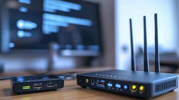 A modern wireless router with external antennas sits beside a small network device photo