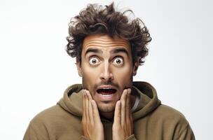 Closeup portrait of a surprised young man with curly brown hair photo
