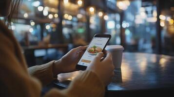Woman using mobile food ordering app at caf, night scene photo