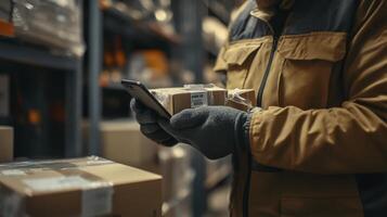 Warehouse Worker Using Smartphone for Inventory Management and Shipping photo