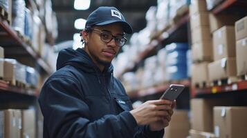 Warehouse Worker Using Smartphone for Inventory Management photo