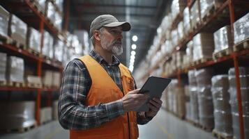 Warehouse Inventory Management Senior Worker Using Tablet for Stock photo