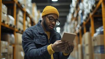Warehouse Inventory Management Worker Checks Cardboard Box Details photo