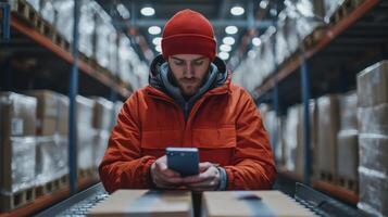 Warehouse Worker Inventory Management Smartphone Technology Mobile Scanning photo