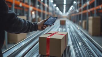 Warehouse Worker Using Smartphone to Track Package on Conveyor Belt photo