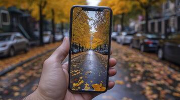 A hand holds a smartphone displaying a stunning autumnal scene photo