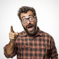 Surprised Man Pointing, Excited Expression, Casual Plaid Shirt photo