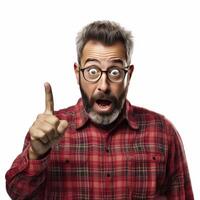 A surprised man with glasses and a beard, wearing a red plaid shirt photo