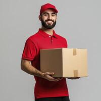 Happy Delivery Man Holding Cardboard Box, Fast Shipping Service photo