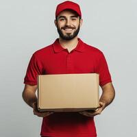 Happy Delivery Man Holding Cardboard Box, Fast Shipping Service photo