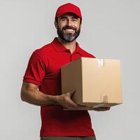 Happy Delivery Man Holding Cardboard Box, Fast Shipping Service photo