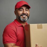 A smiling, middle aged man in a red polo shirt and cap holds a cardboard box. He appears happy and ready to deliver a package photo