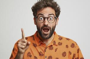 A man with surprised expression, wearing glasses and an orange shirt, points upward with one finger, suggesting an idea or epiphany. Studio shot on light background. photo