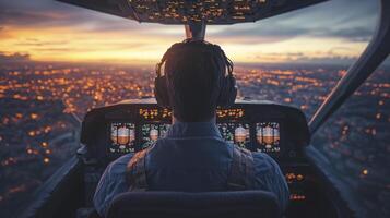 Pilots Sunset Flight over City Lights Cockpit View photo