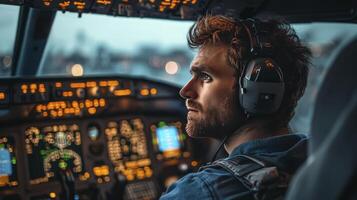 A focused pilot wearing headphones sits in an airplane cockpit background photo