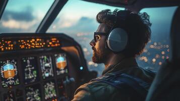 Pilot Helicopter Cockpit Night Flight Cityscape Aviation Professional photo