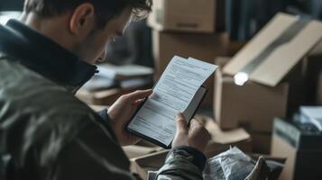 Warehouse Worker Reviews Inventory Documents Amidst Cardboard Boxes photo