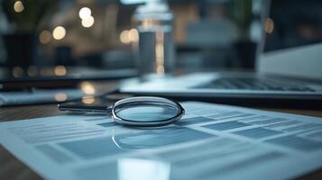 A magnifying glass rests on documents on a desk, near a laptop and pen. photo