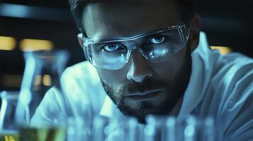 Closeup of a serious male scientist in a lab, wearing safety glasses, intently observing chemical samples in beakers photo