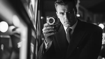 Stylish Man in Suit Holding Vintage Camera, Black and White Photography photo