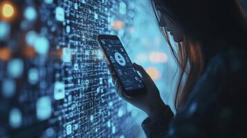 A woman examines her smartphone displaying a security symbol against a backdrop photo
