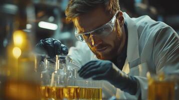 Focused Scientist in Lab Conducts Chemical Research Experiment photo