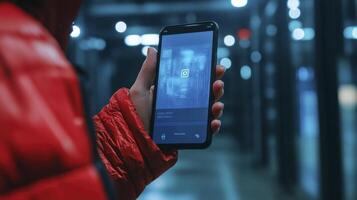 Person in red jacket using smartphone, nighttime urban setting photo