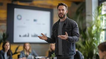 Confident Man Leading Business Meeting Presentation Team Collaboration Office photo