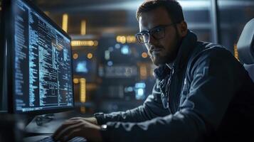 Focused Programmer Coding Cybersecurity Software Late Night Data Analysis photo