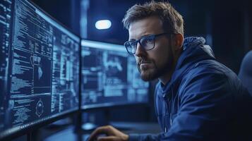 Focused Programmer Cybersecurity Expert Coding Data Analysis System Security photo
